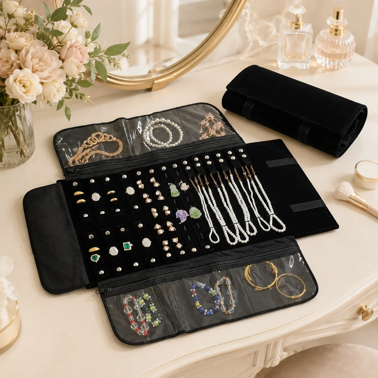 All-in-One Travel Jewelry Roll Case, Velvet Jewelry Organizer for Travel with Clear Pockets, Non-Slip Earring & Necklace Holders, Dustproof Anti-Oxidation Jewelry Wallet, Fits Suitcase, Black exterior, Grey/Black inner options