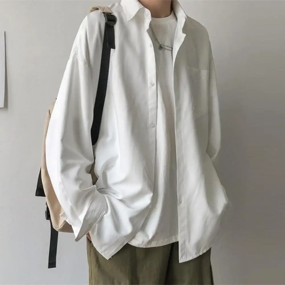 Мужская рубашка с лацканами и длинным рукавом, однобортная рубашка, топы, однотонная повседневная рубашка с накладными карманами, свободная посадка, удобная куртка