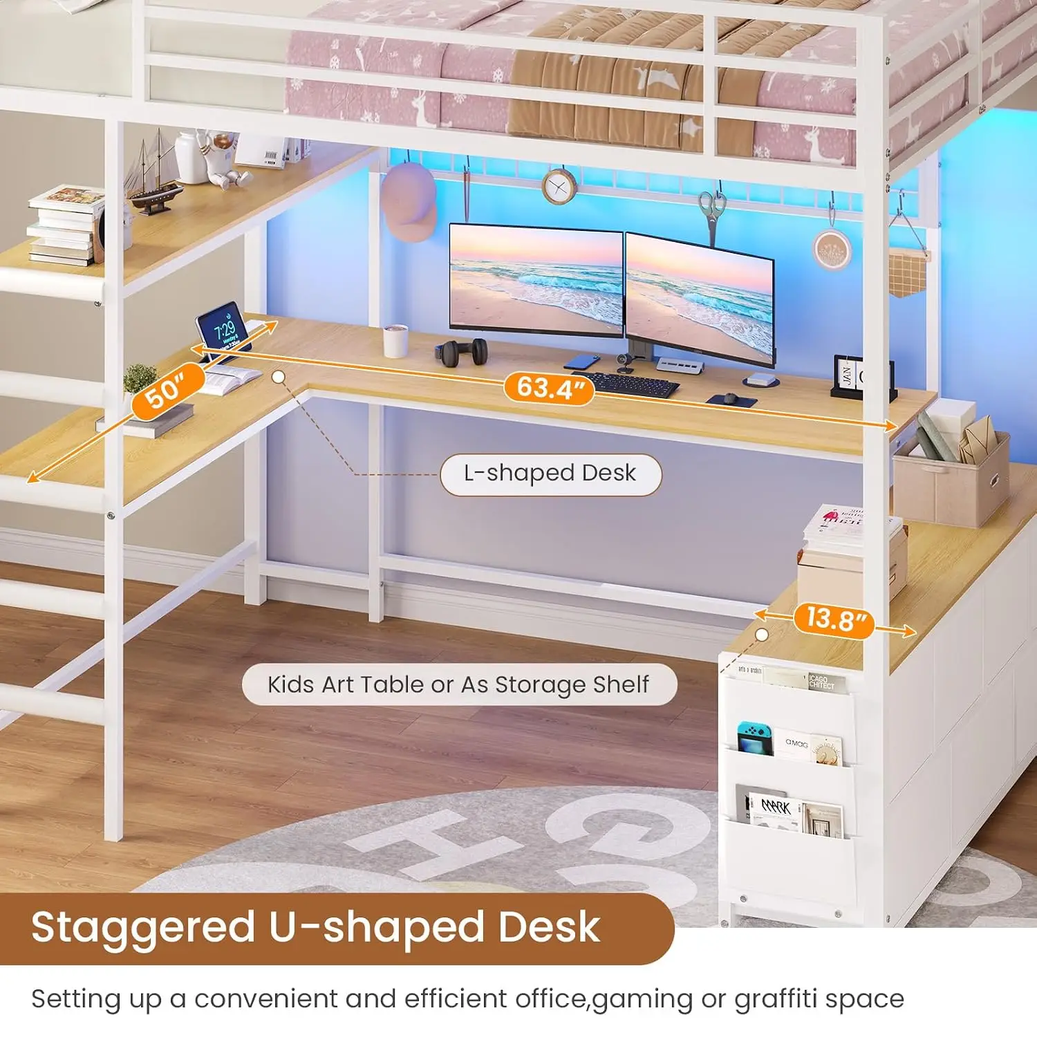 Loft Bed Full Size with U-Shaped Desk,7 Storage Drawers and Charging Station,Metal Full Loft Bed with Led Lights, Customized image 5