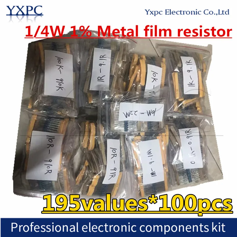 

195values*100pcs 1/4W 1% Metal film resistor Kit 0R~0.91R 1R~9.1R 10R~91R 100R~910R 1K~9.1K 10K~91K 100K~910K 1M~22M ohm