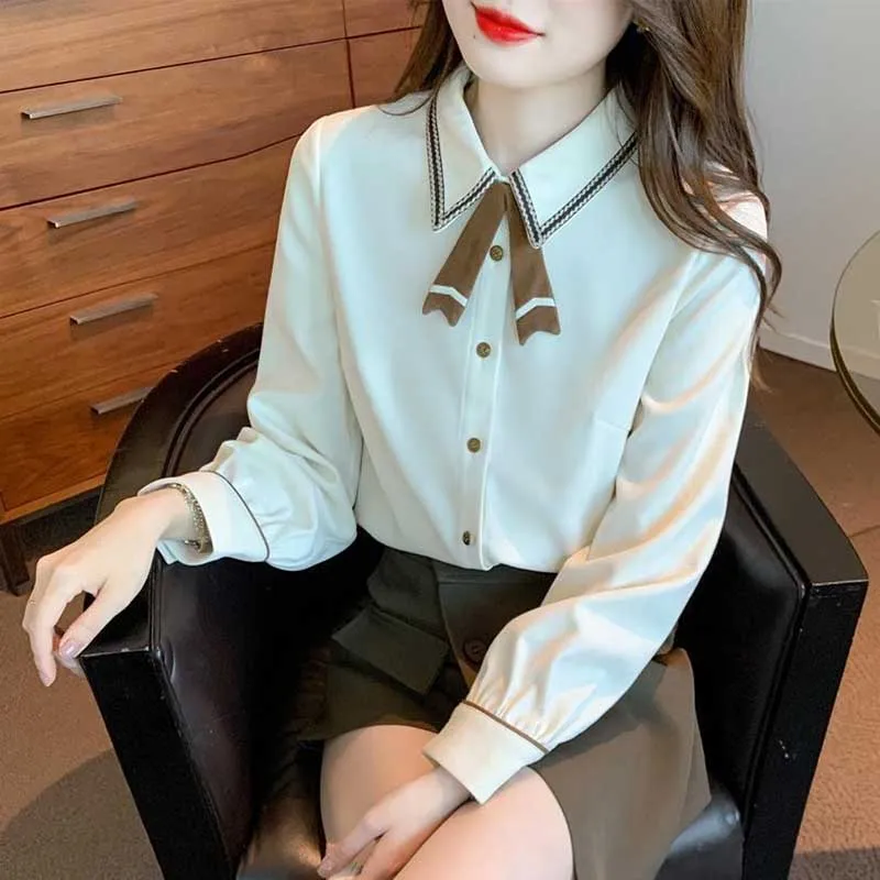 Sweet Lapel Button Solid Color Spliced Bow Shirts Female Clothing 2024 Spring New Loose Casual Tops All-match Blouses