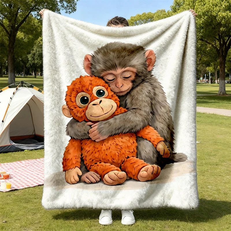 Monkey Punch Graphic Flannel Blanket, Adorable Monkey Hugging Plush Toy Flannel Throw