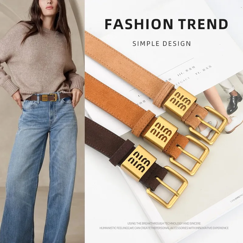 

Luxury New Double Genuine Leather Belt for Women Cowhide Suede Belts with Trendy Square Alloy Buckle Ideal for Dresses and Jeans