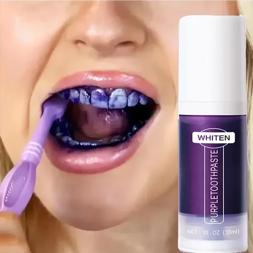V34 pasta de dientes blanqueadora de dientes púrpura, elimina las manchas de placa, limpieza, higiene bucal, herramientas de lejía Dental, aliento fresco, belleza y salud