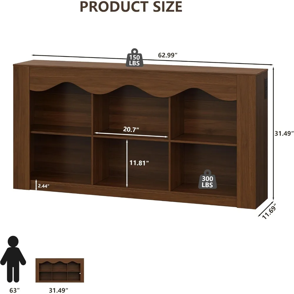 63 Inch Console Table with 6-Cube Storage, Walnut Entryway Table for Hallway, Living Room