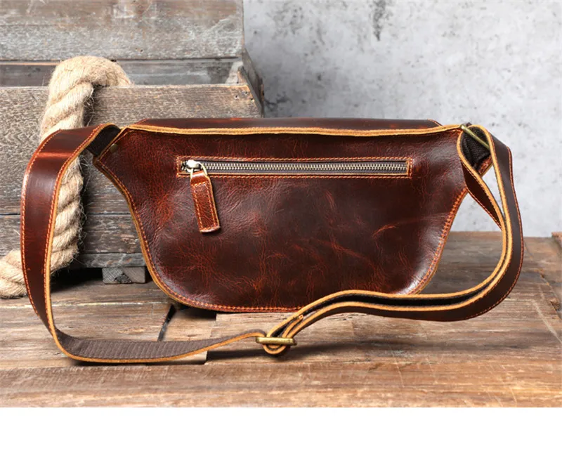 Vintage real leather men's multifunctional chest bag fashion designer natural crazy horse cowhide waist bag casual shoulder bag