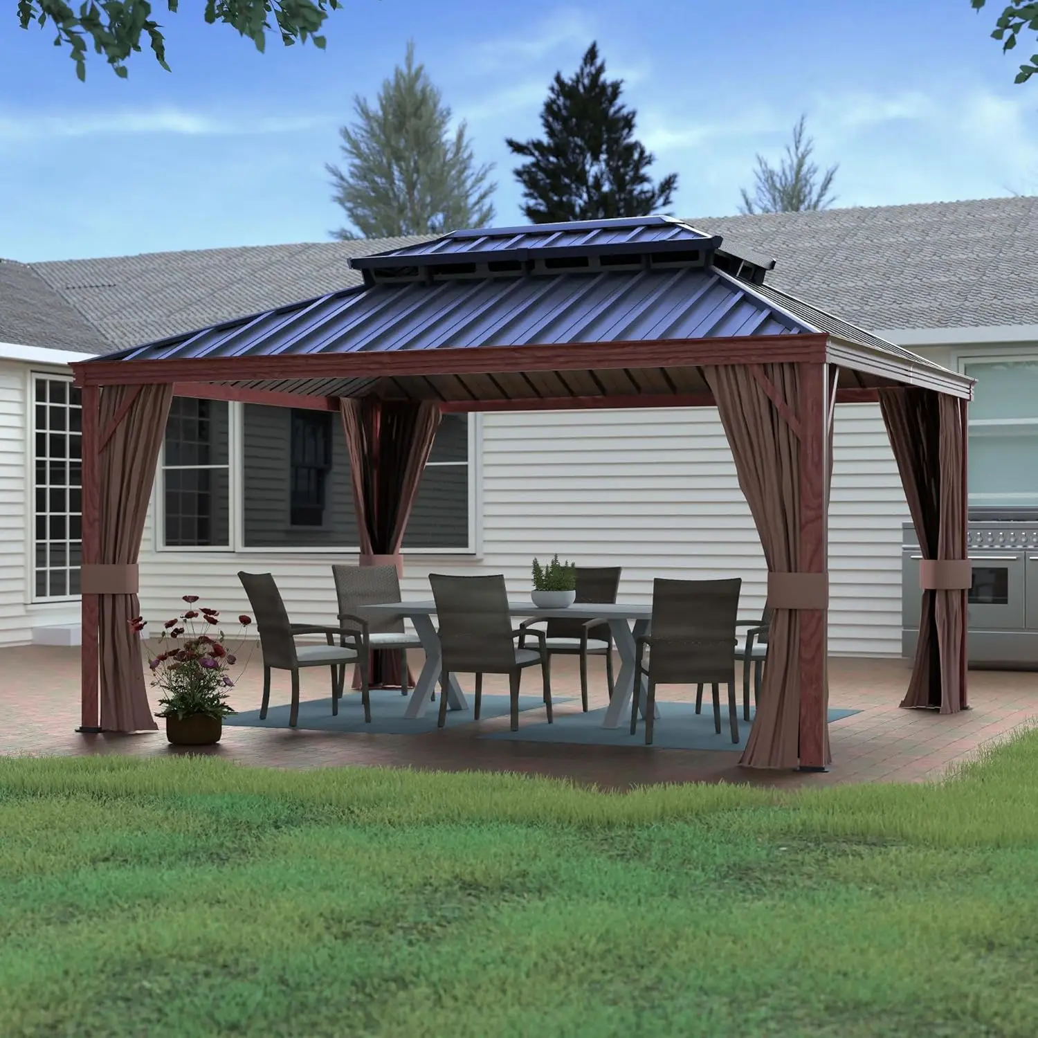 

12x16 FT Double Roof Permanent Outdoor Pavilion with Curtain & Netting for Patio. Garden, Backyard