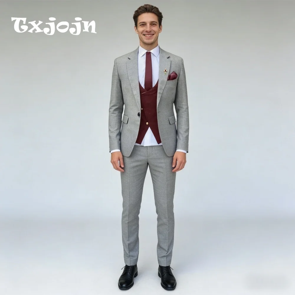 

Light Gray Burgundy Contrast Color For Men Wedding Notched Lapel 3PCS Suit Groom Suit Set Jacket Vest Pants Wedding Customized