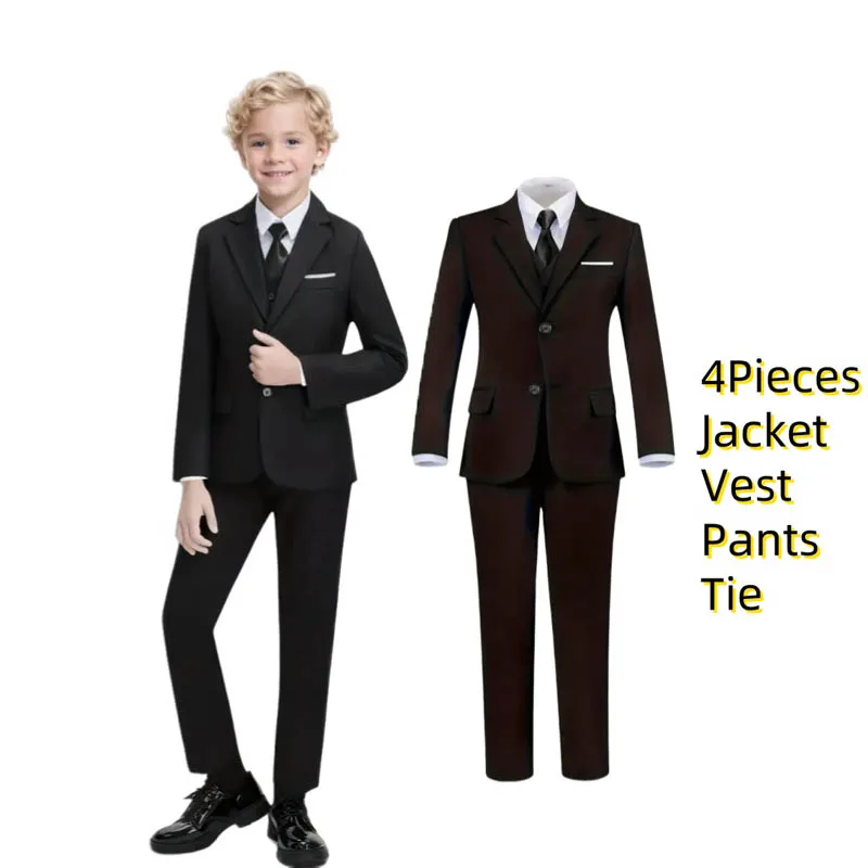 Boys Spring Black 007 4Pieces/Set Jacket Vest Pants Tie Photography Suit Kids Birthday Dress Children Performances Costume