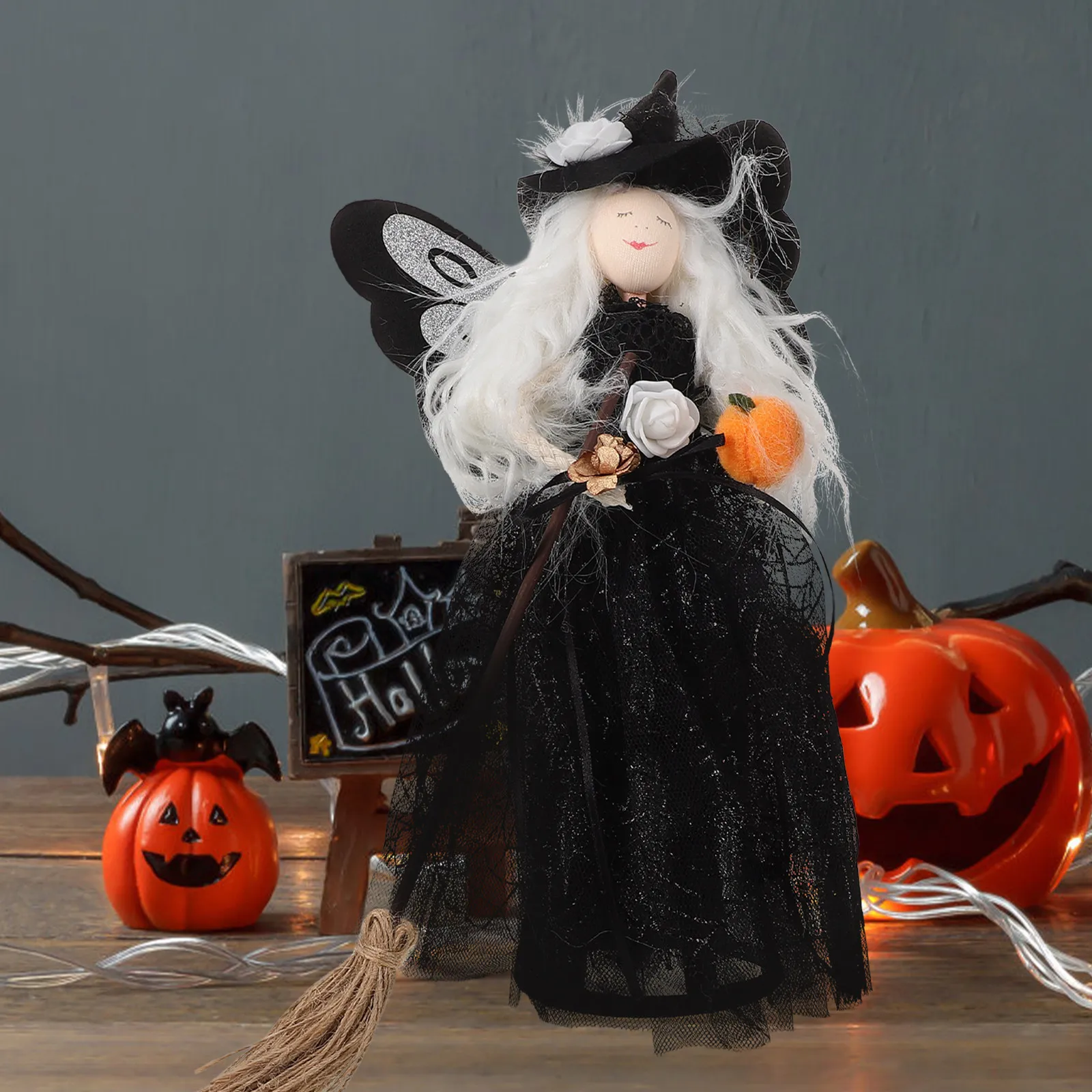 

Halloween Witch Tree Topper Silk Cloth Black Veil Spider Web Skirt Witch Hat Broom Halloween Tabletop Ornament