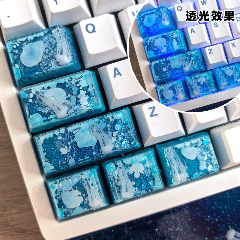 New Seaweed and Jellyfish DIY  Key Caps Bule Resin Translucent Custom Handmade Large Key Add-on Keycaps  6keys Original Design