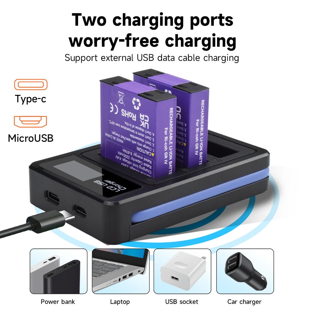 CITYORK 2200mAh DB-120 Battery For Ricoh GR IV GRIV GR4 ,With TYPE-C Port LCD 3-Slots Battery Charger