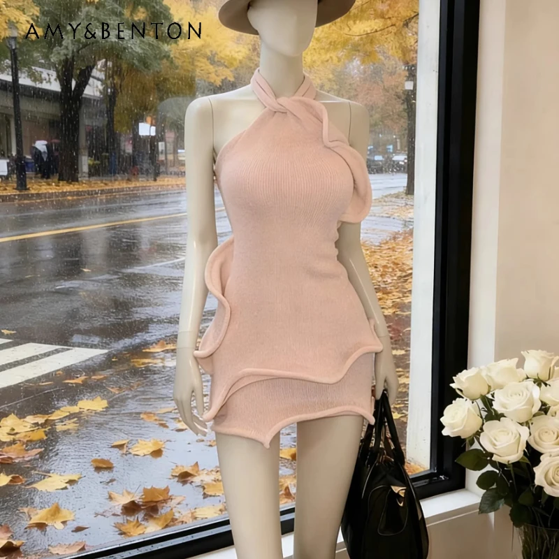 

French Design Pink Neck Knitted Women's Dress 2026 Spring Summer New Sexy Ruffle Leaf Edge Slim Hip Wrap Short Dresses Ladies