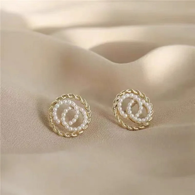 S925 Silver needle Korean earrings simple niche temperament personality new stud women's double circle pearl earrings