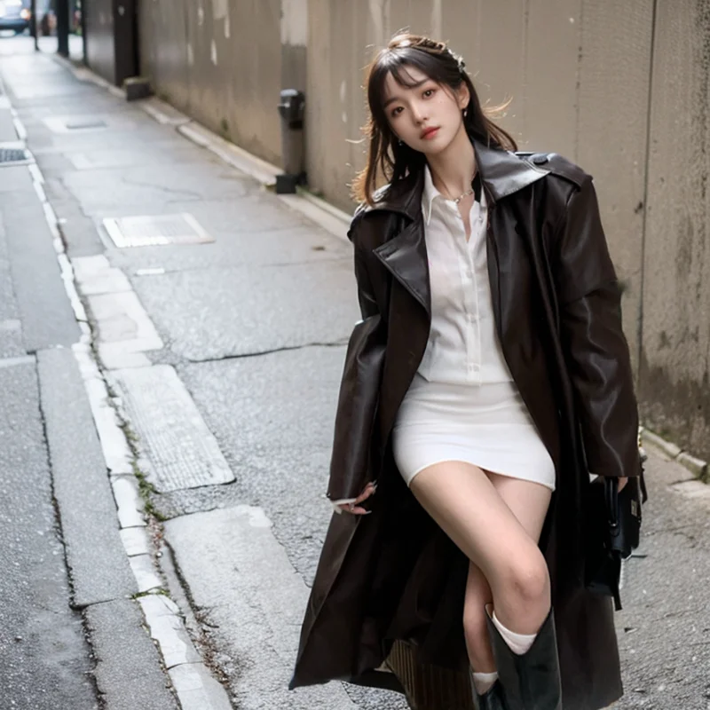 Trench in pelle vintage donna autunno nuovo doppio petto colletto rovesciato cappotti lunghi tinta unita cappotto da donna streetwear