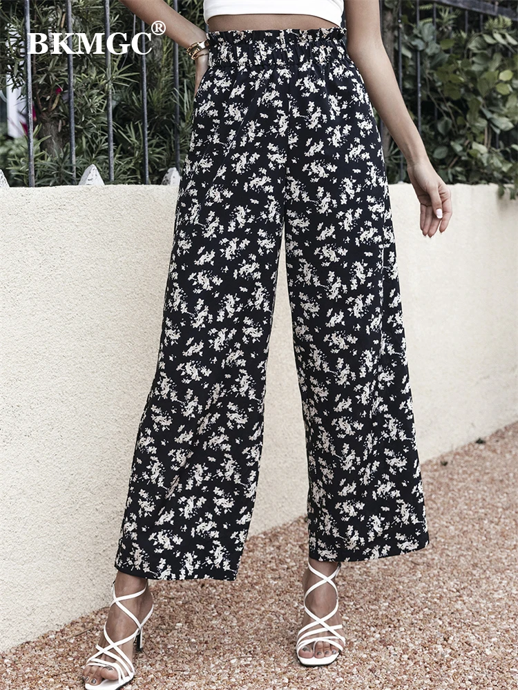 

BKMGC Vintage Black Loose Wide Leg Chiffon Trousers Pants for Women Elastic High Waist White Floral Printed Casual Fenale Summer