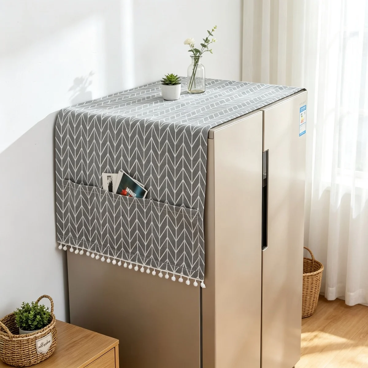 70X170cm Refrigerator Dust Cover For Double Door Fridge, Multi-Purpose Washable Fridge Top Cover With Side Storage Pockets
