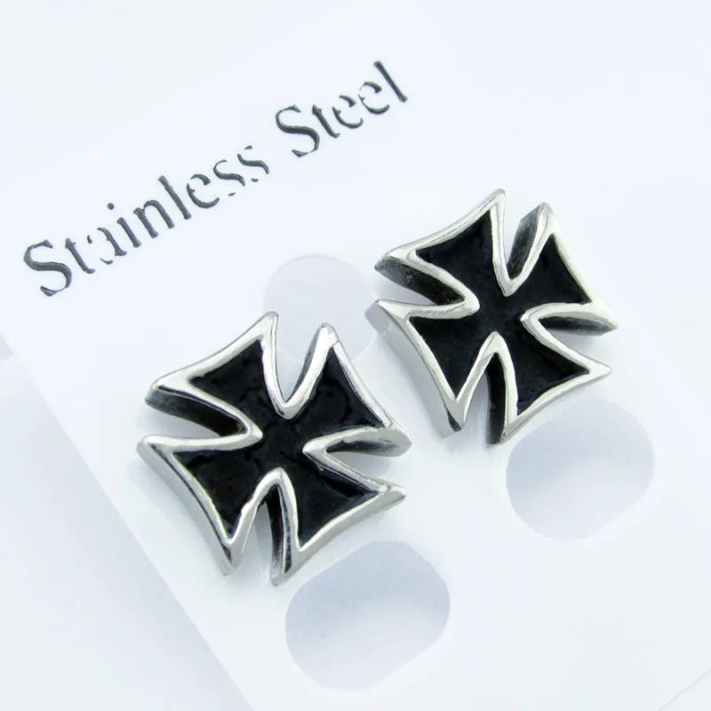 Silver Color Knight Templar Black Cross Earrings Punk Crusaders Band Stud Earring For Women\'s Fashion Gift Jewelry