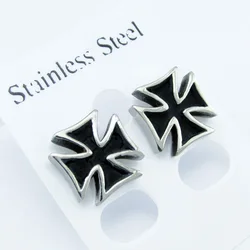 Silver Color Knight Templar Black Cross Earrings Punk Crusaders Band Stud Earring For Women's Fashion Gift Jewelry