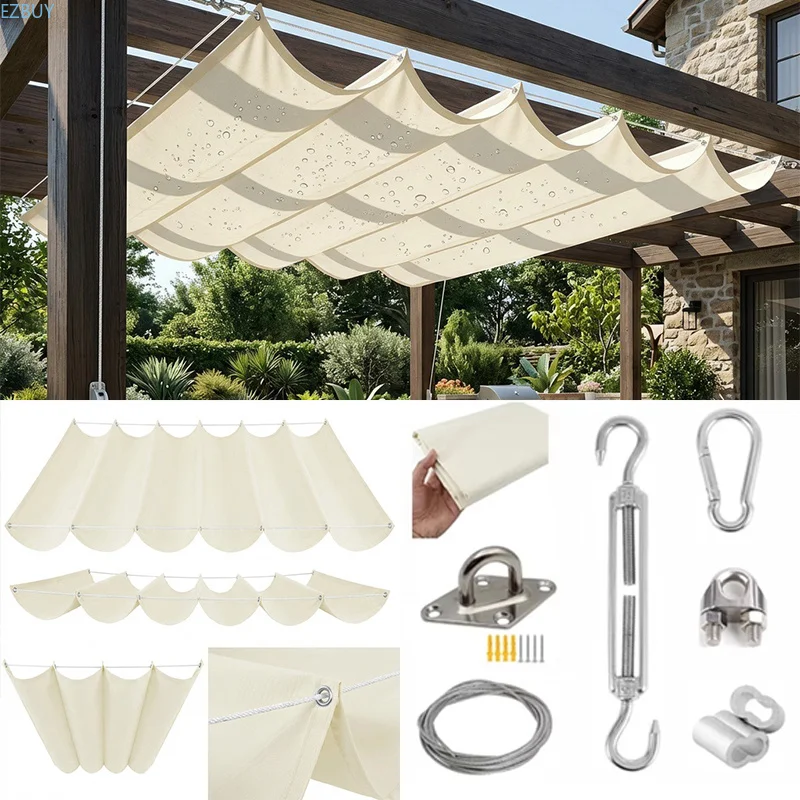 Summer Telescopic Sun Shade Sail Retractable Outdoor Waterproof Sunshade Net Pergola Awning with Installation Accessories
