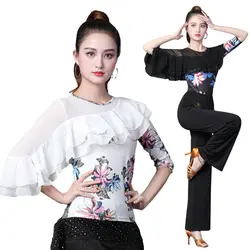 Latin Tops Women Dance Basic Shirt Girl Dancewear Sexy Ballroom Samba Tango Flamengo Dancing Practice Costume Printing T-shirt