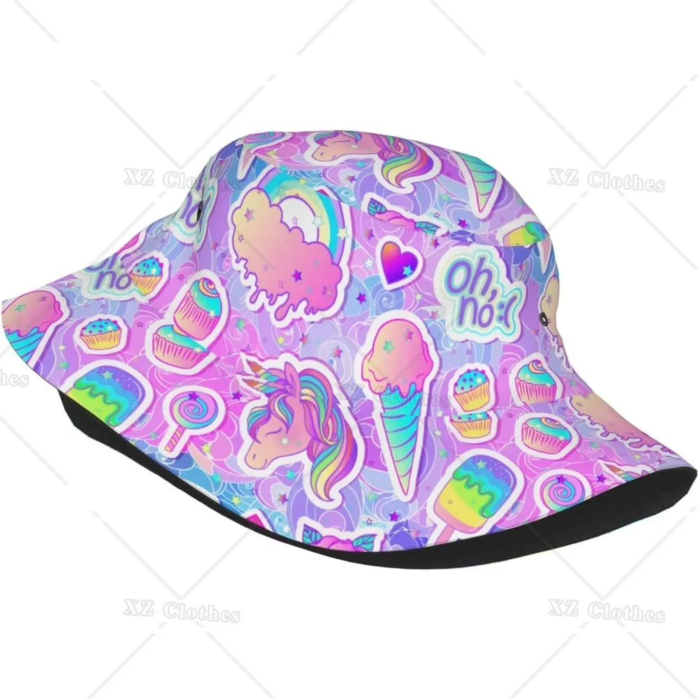 Ice Cream and Unicorn Bucket Hat for Women Men Teens Beach Outdoor Packable Sun Cap Summer Headwear Fishing Caps for Fisherman