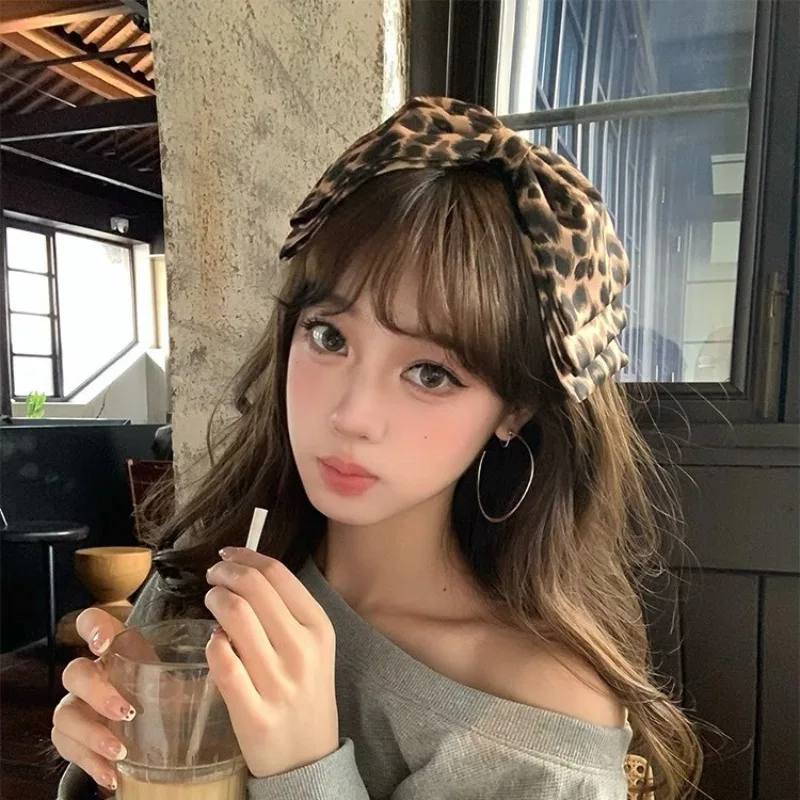 Leopard Print Bow Hair Clips Double Layer Vintage Semi-tied Hair Clip Women Sweet Elegant Ponytail Clip Y2K Lolita Styling Clip