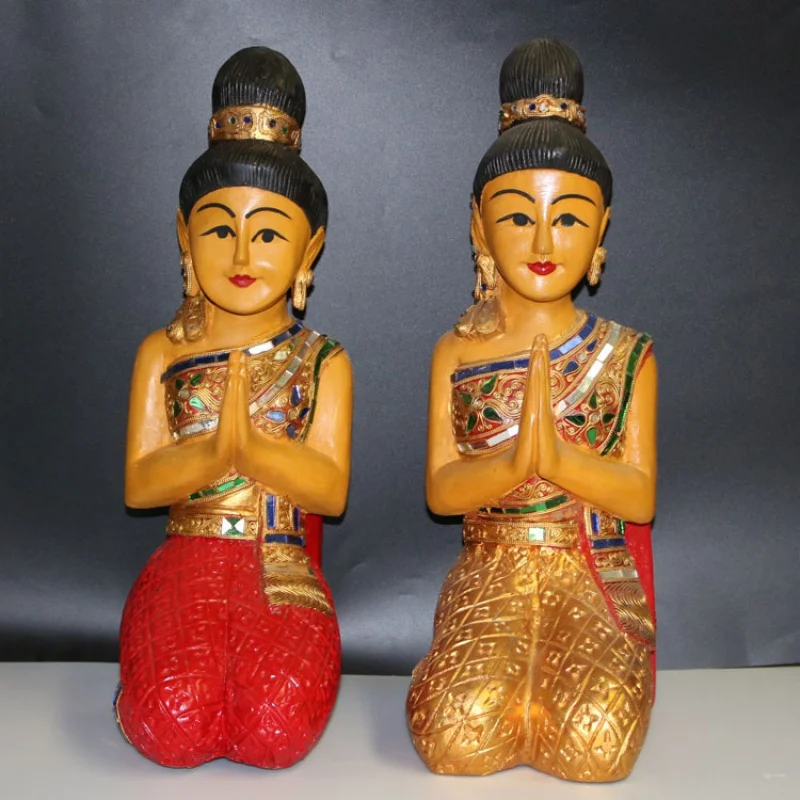 

Thailand Welcome Kneeling Buddha Ornaments Wood Carving Doll Maid Doorboy Table-Top Decoration Southeast Asian Crafts