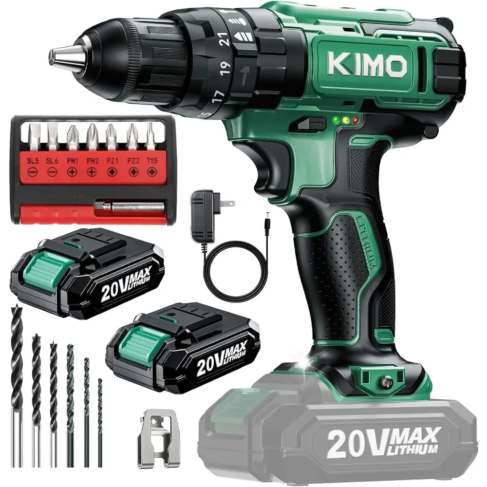 

20V Cordless Hammer Drill Set with 2 Batteries, 350 In-lb Torque, 3/8" Chuck, 14pc Bits for Concrete & Wood
