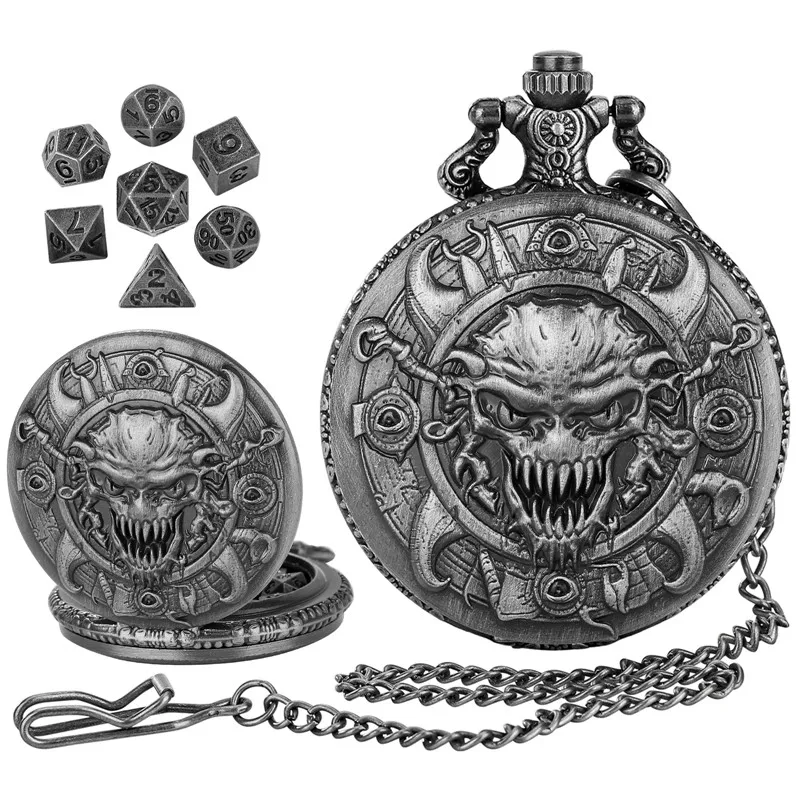 7 Piece Polyhedral Dice Set With Pendant Chain Gothic Skull Head Pocket Watch Case Metal Material Gaming Accessory For Role Play