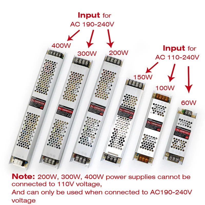 Driver ultrafino para tiras de LED DC 12V / 24V LED fonte de alimentação de tensão constante 60W 100W 150W 200W 300W 400W transformador de iluminação