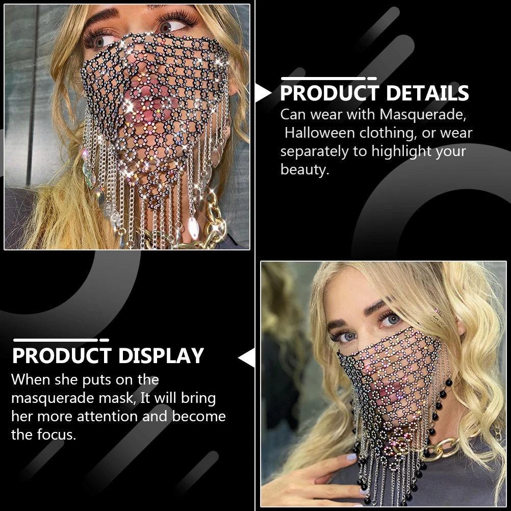 

Rhinestone Face Mask Crystal Chain Tassel Masquerade Masks Halloween Costume Accessories Vintage Shiny Nylon Decorations