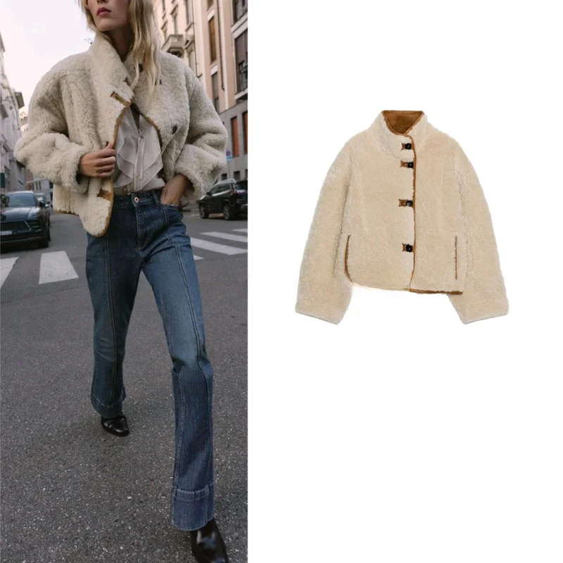 

New Autumn Casual Women's Double-Sided Wear Long Sve Stand Collar Jaet Coat Sli Versatile Fem Polyester Leather