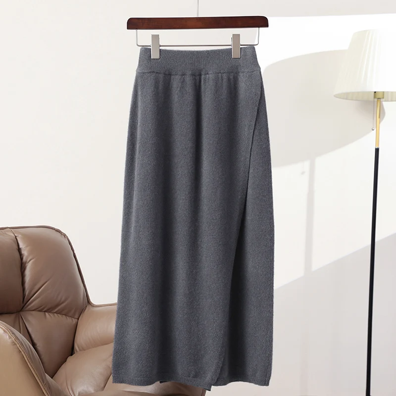 

New Chic Women 100% Merino Wool Long Split Skirt Autumn Winter Grace Basic Cashmere Skirt Knitwear Office Lady Dress Tops