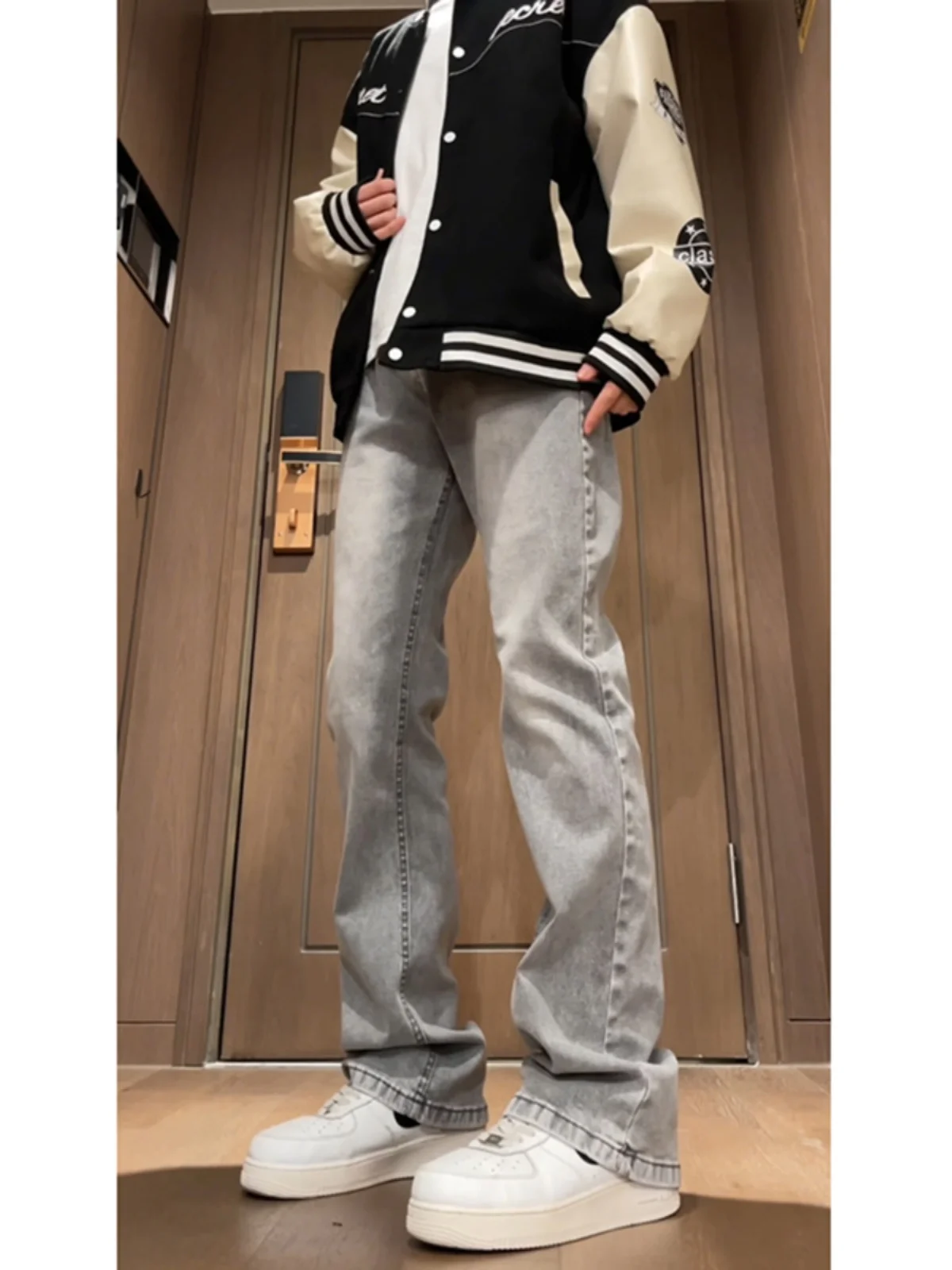 

Cement Color Fce Lined Men's Jeans High Elastici Slimming Long Leg Design Micro Flared Pants American Sle Youth Trend