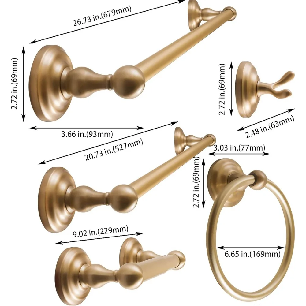 Luxury Gold Bathroom Accessory Set with Robe Hook, Toilet Paper Holder, Towel Ring, and Towel Bars in 18 & 24 Lengths