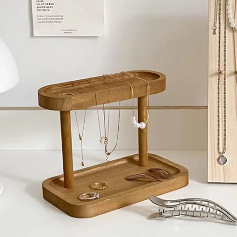 

1pc Brown Solid Wood Double Layer Storage Rack Jewelry Rack Dressing Table Cosmetics Jewelry Storage Rack Desktop Organizer