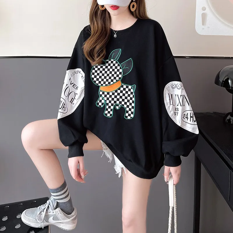 2024 Korean Style Checkerboard Versatile Casual Harajuku Loose Embroidery Contrasting Color Autumn New Sweatshirt