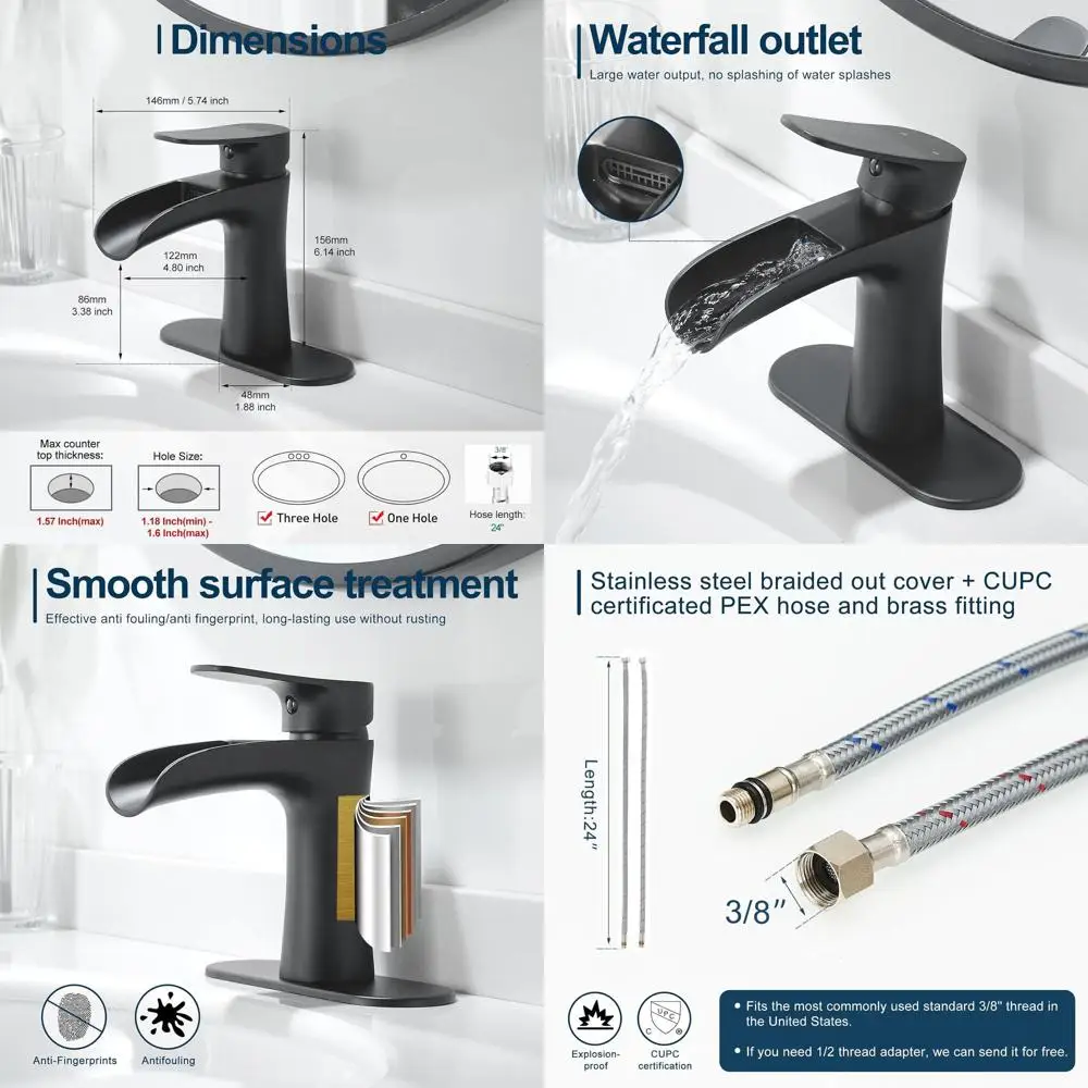 

Single Handle Waterfall Faucet for Black Bathroom Sinks, Deck Mount, Suitable for 1 or 3 Holes, Farmhouse Style, RV & Vessel Bas