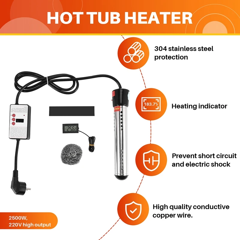 2500W Immersion Heater, Pool Heater Automatic Timer, Safe Pool Heating Immersion Heater, Perfect For Home Eu Plug