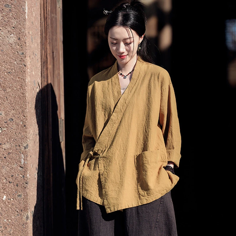 

2025 Spring Cotton Ramie Women Clothing New Arrival Vintage Style Slant Open Stitch V-neck Solid Color Loose Casual Coats T361
