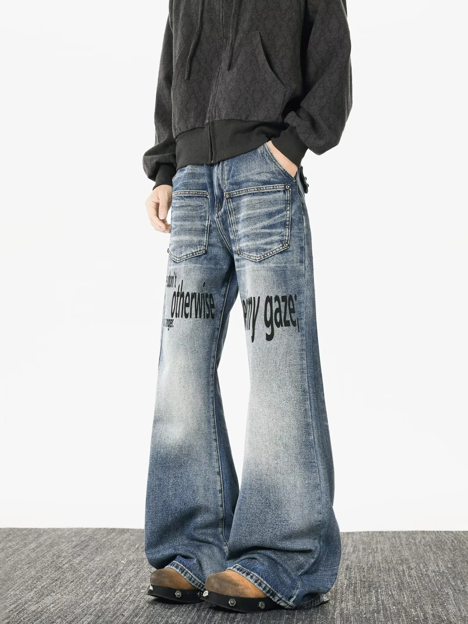 

Мужские винтажные джинсы-клеш Waed, прямые, в стиле High Street, с заклепками, с эффектом стройности, повседневные, со средней посадкой