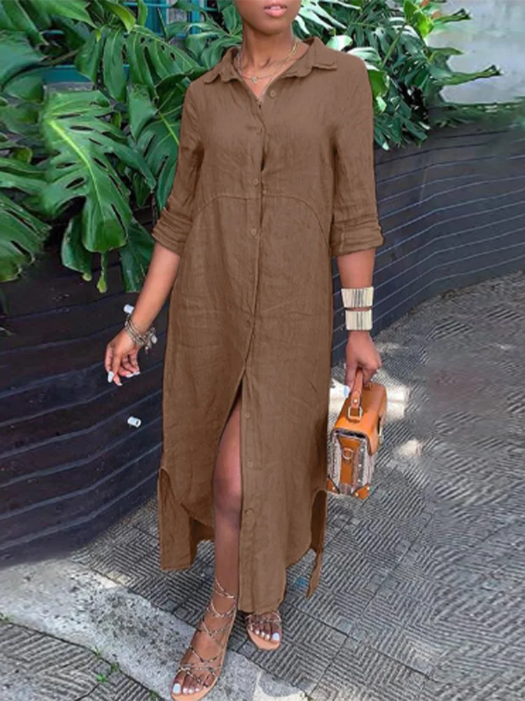 

Красивое элегантное платье-блузка с откидным воротником и пуговицами, женское однотонное свободное платье, осенние повседневные платья