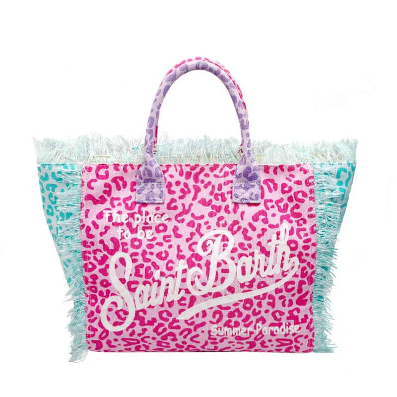 Imagem -05 - Saint Barth-bolsa com Estampa Leopardo para Mulheres Grande Capacidade Lazer e Viagem Borla Artesanal Europeu e Americano Novo 2024