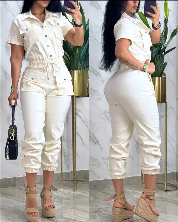 여성 Romper 패션 바디 슈트 2025 봄 여름 턴 다운 칼라 짧은 소매 Drawstring 허리 슬림 피트 카고 점프 슈트