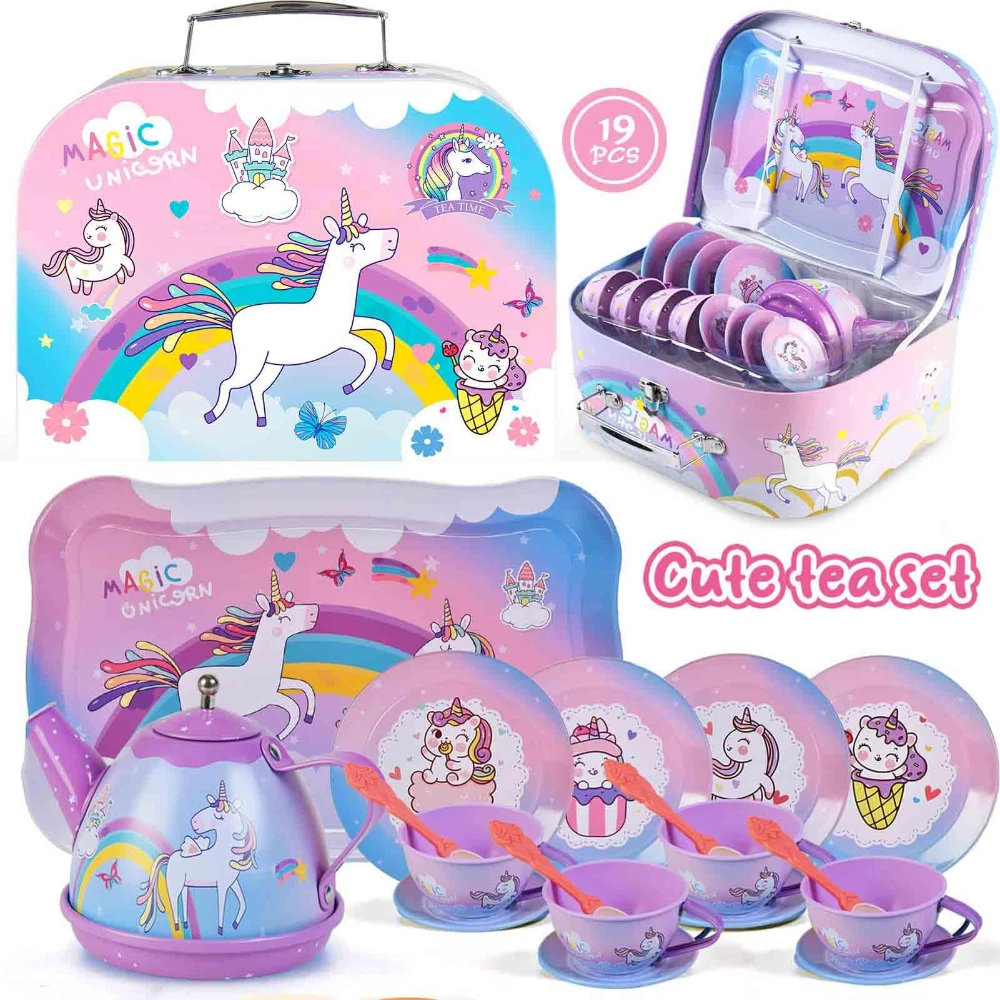 WizKidz Unicorn Tea Party Set for Little Girls Pretend Purple Tin Teapot Cups Plates Carrying Case Birthday Gift for Kids Age 3+