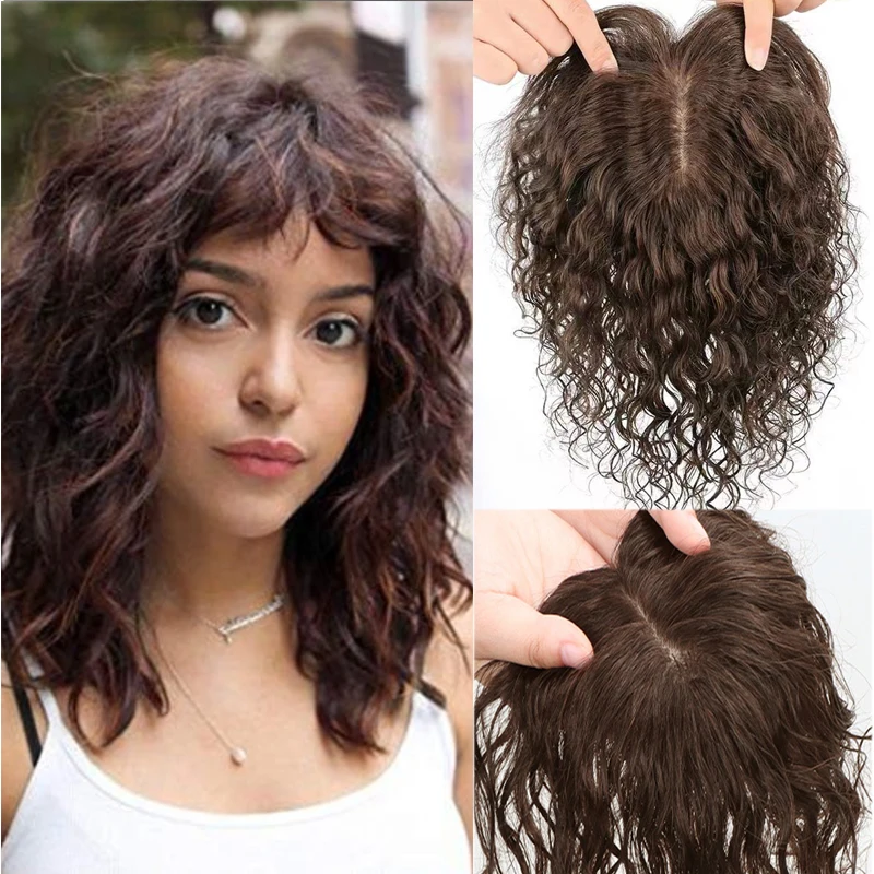 Breathable Natural Brown Full Silk Base Human Hair Topper Women Toupee Brazilian Virgin Hair Pieces Scalp Top Overlay Curly Hair