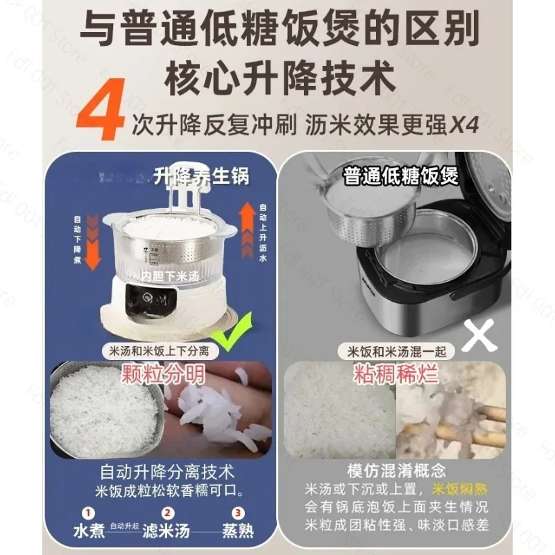 Low Sugar Rice Cooker with Intelligent Lift Rice Soup Separation Automatic Drain Pot Filter Sugar Rice Steamer for Healthier Coo