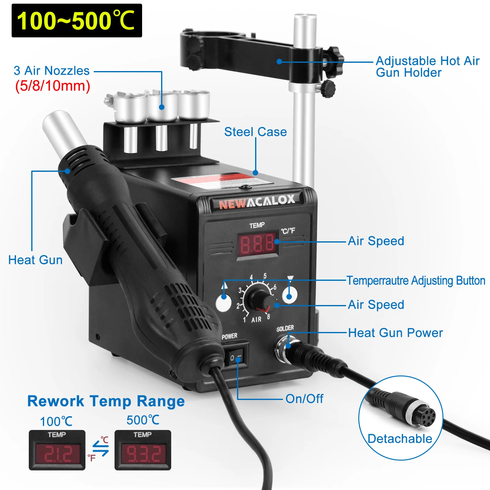 NEWACALOX 858D Digital Hot Air SMD Soldering Rework Station with Quick-Change Nozzle System 100-500℃ Adjustable Temperature
