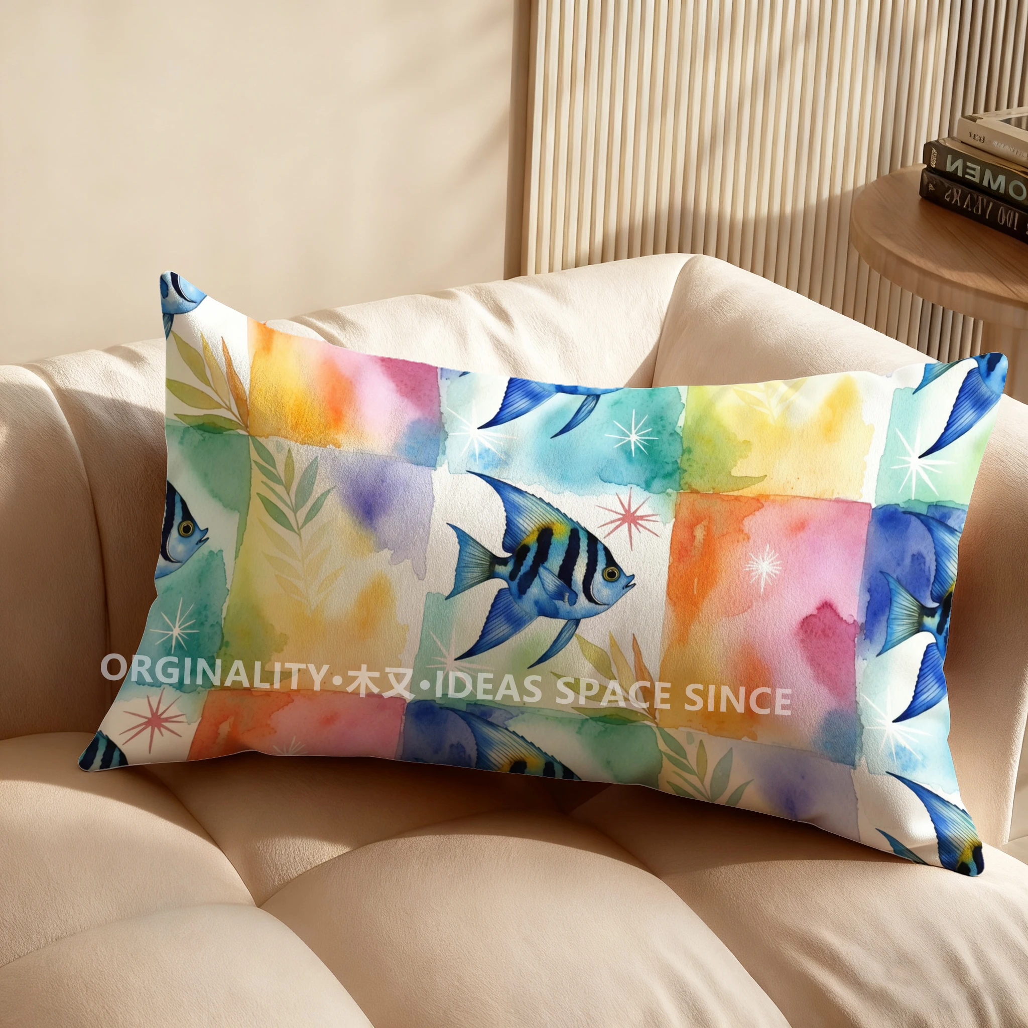 2D Colorful Fish Watercolor Pillow Cover Suitable For Sofa Bedroom Car Pillow Cover Cushion Rectangular Back Cushion